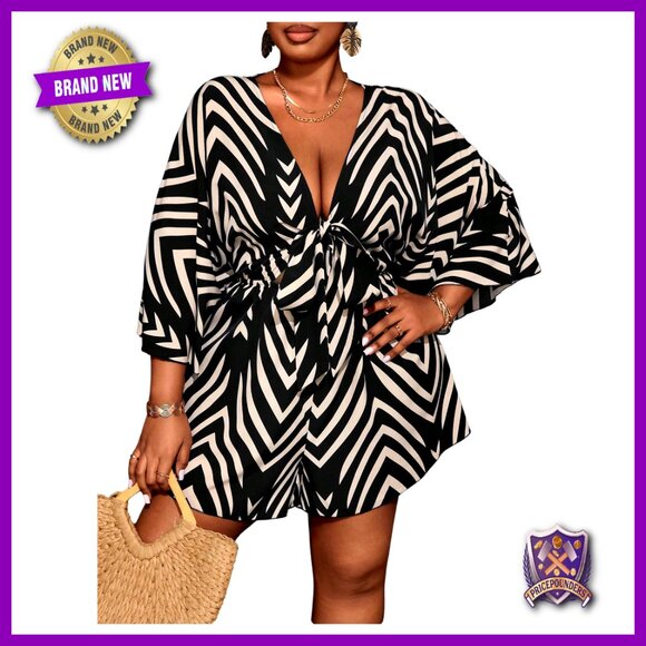 Plus Size Romper V Neck Tie Front 3/4 Sleeve Loose Jumpsuit